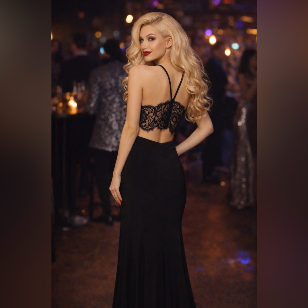 Xscape Black One-Shoulder Lace-Back Evening Dress